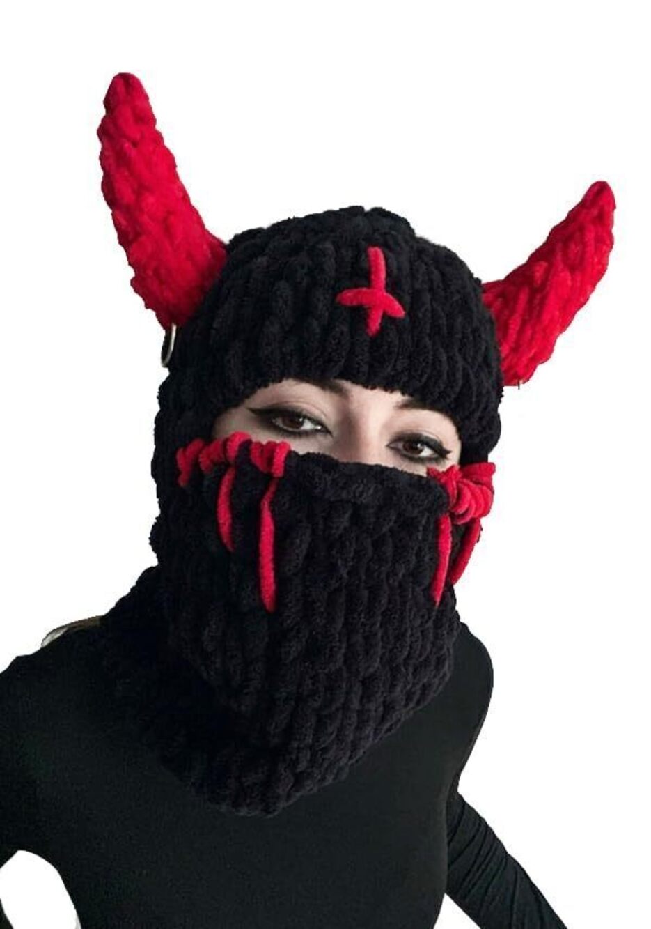 2049 Y2k Knit Balaclava Face Mask Bunny Ear Horn Ski Scarf Winter Warm Hat